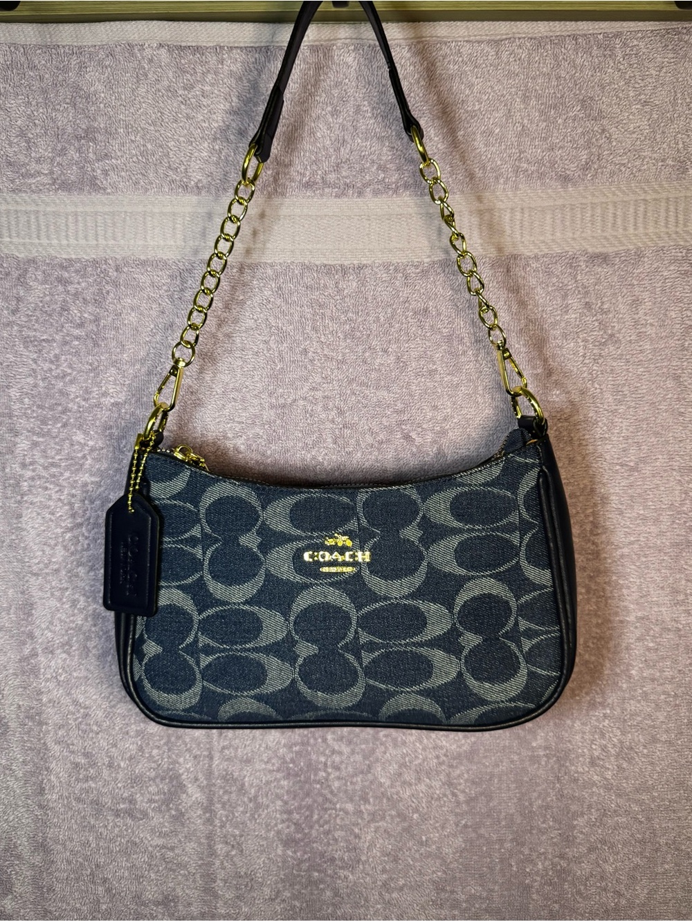 Coach Black and Gray Signature Shoulder Bag with Gold Chain Strap